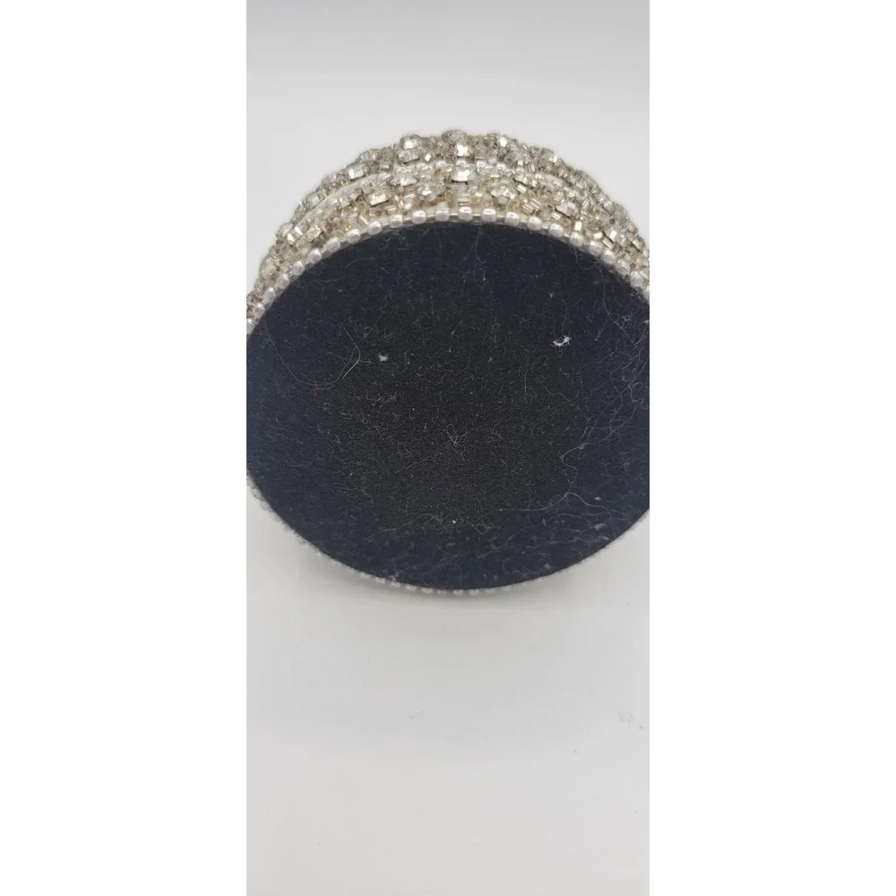Silver Tone Round Rhinestone Crystal Beaded Trinket Box with Lid